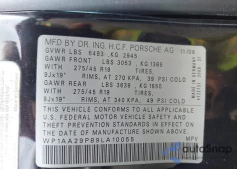 2009 Porsche Cayenne z USA, uszkodzony, nr VIN WP1AA29P89LA10055